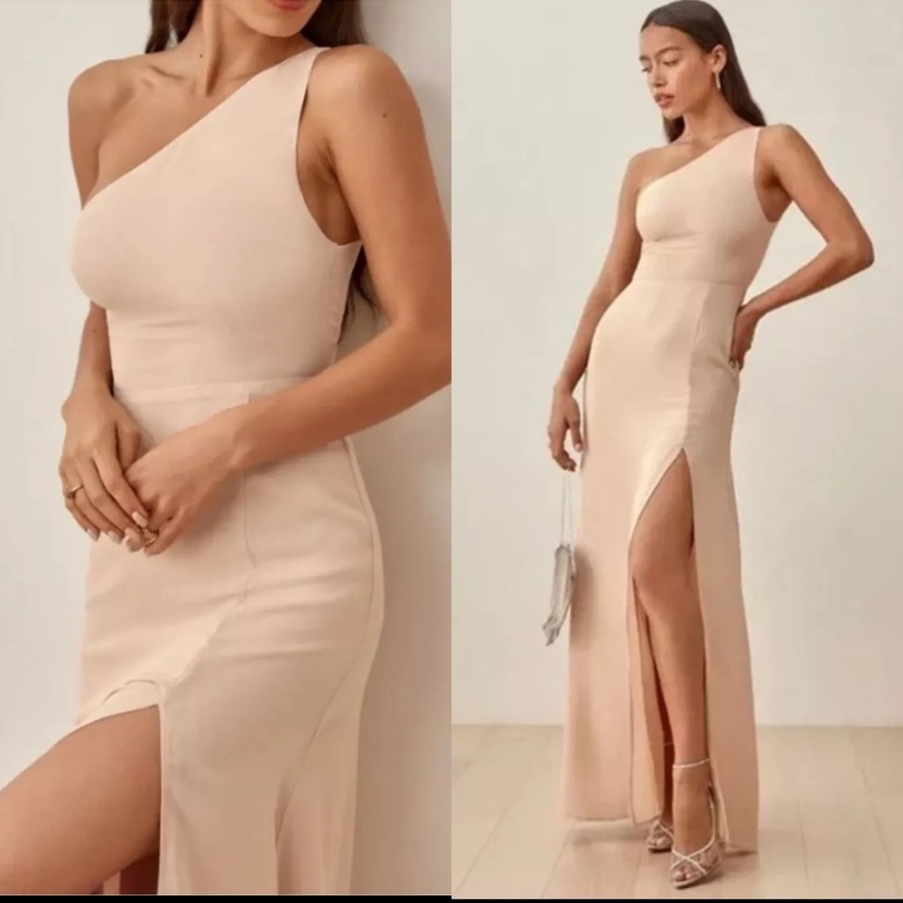 Reformation Evelyn One Shoulder Slit Maxi Dress Gown in Champagne Size 2 NWT - Picture 3 of 9